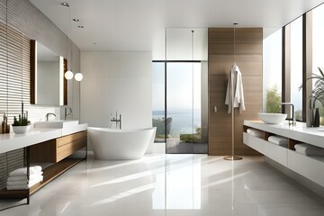 modern bathroom interior with bathtub generated by AI technology 