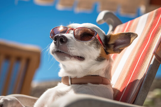 Jack russell terrier dog with sunglasses sunbathing on sun lounger. Generative AI