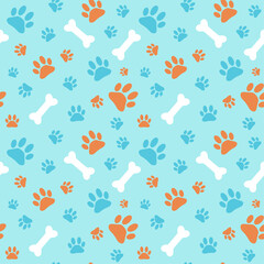 Seamless pattern for pet shop with blue background. Bright print for clothes or accessories for dogs with paw and bone vector