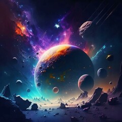 A cosmic landscape with stars and planets, planet in space, AI generated