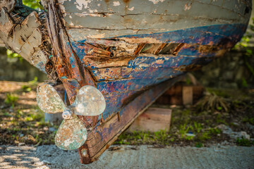 Boat propeller. Close up detail of the image of the boat. Transport industry. Freight...