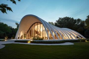 Generative AI image of picturesque view of cultural activities building with arched ceiling and glass entrance while surrounded with green grass trees