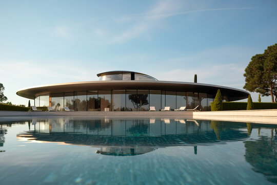 Generative AI image of amazing view of cultural activities geometrical building with glass walls reflecting in blue water and concrete benches in day