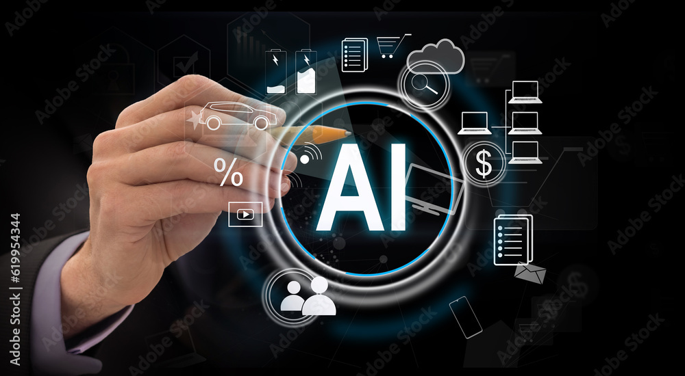 Poster futuristic robot artificial intelligence revolutionary ai technology development and machine learnin