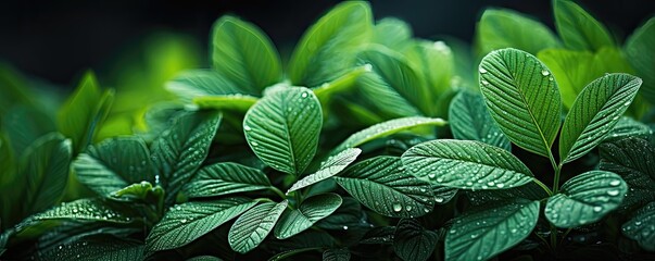 Green leaves with water drops. Nature and environment concept