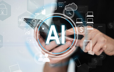 Artificial Intelligence technology. man using command prompt for analysis digital marketing...