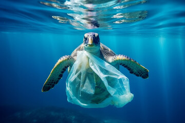 Naklejka premium sea turtle swimming with a plastic bag. environmental problem and harm caused to marine life by pollution, vulnerability and beauty of nature, is confronted with the danger presented by waste
