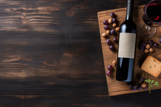 wine, grapes, and a bottle on a black wooden table, sense of luxury and sophistication. purple and green hues of the grapes attract attention and contrast with the dark background
