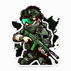 Airsoft player with mask rifle and equipment. Cartoon vector illustration.