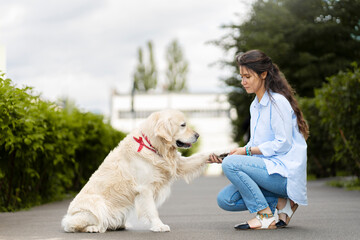 Beautiful hispanic woman wearing casual clothes, golden retriever gave paw to its owner on street