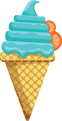 Vector illustration delicious colorful ice cream waffle cone. Icecream blueberry scoops orange topping waffle cone. on white background. Idea for poster, product, t-shirt. Vector icon ice cream cone.