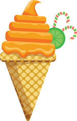 Vector illustration delicious colorful ice cream waffle cone. Icecream orange lemon strawberry scoops waffle cone. on white background. Idea for poster, product, t-shirt. Vector icon ice cream cone.