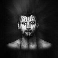 psychological portrait of a person, double exposure, face shines through hands, surreal portrait of a man covering his face and eyes with his hands, concept idea art of surreal, black and white