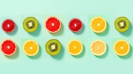  a horizontal Ripe Summer Fruits, trendy color backdrops for copy, delicious, juicy and sweet, full color, background for display, mock-up, Commercial-themed in a JPG format. Generative AI