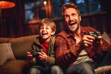 Plakat Candid moment of a father and son playing video games, sharing fun, love, and togetherness, showcasing real-life parenthood, generative ai