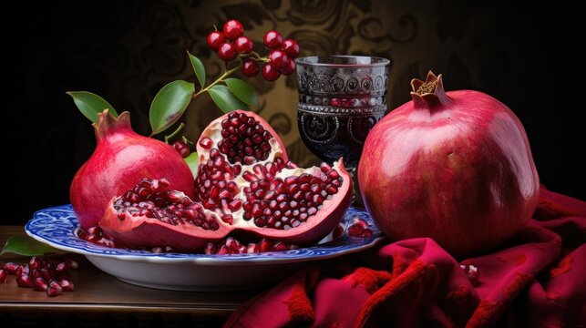  a horizontal format, Pomegranate still life image, fine art and design, Art-themed, JPG. Generative AI