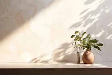 Keuken spatwand met foto Minimal Elegance: Abstract White Stone Podium with Delicate Leaf Shadows, Exuding Premium Serenity in 3D Rendering © DCoDesign