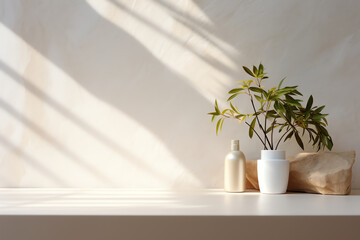 Minimal Elegance: Abstract White Stone Podium with Delicate Leaf Shadows, Exuding Premium Serenity in 3D Rendering - obrazy, fototapety, plakaty