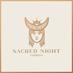 Hand drawn floral logo, hand drawn logo, sacred woman, celestial logo design, woman with moon logo, moon logo desigb, sacred woman