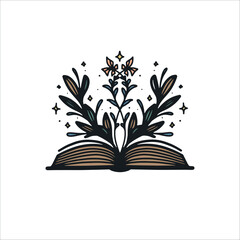 Fantasy book illustration, Logo book element, Floral book, Magic reading, Book design, Handdrawn dook design