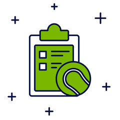 Filled outline Checklist clipboard and tennis ball icon isolated on white background. Sport equipment. Vector