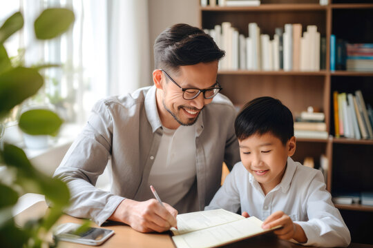Asian father teaching a child at home, displaying dedication and patience in a homeschooling setting or helping with a homework. Generative AI