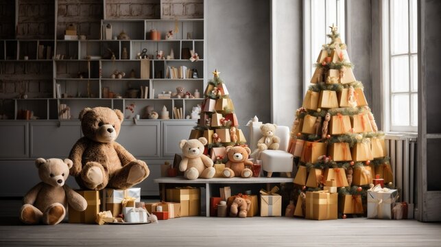 new year photo background with christmas tree made from plush toys. ai generated. Christmas composition.