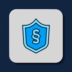 Filled outline Justice law in shield icon isolated on blue background. Vector