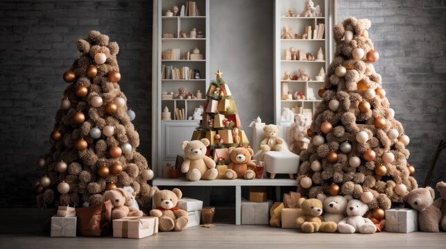 new year photo background with christmas tree made from plush toys. ai generated. Christmas composition.