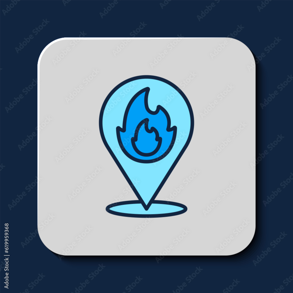 Poster filled outline map pointer with fire flame icon isolated on blue background. fire nearby. vector