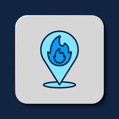 Filled outline Map pointer with fire flame icon isolated on blue background. Fire nearby. Vector