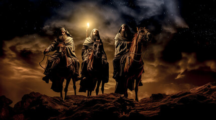 Fototapeta premium Epiphany Bethlehem Three Wise Men on their Way to Bethlehem Mary and Joseph and Baby Jesus Wallpaper Generative AI Digital Art Illustration