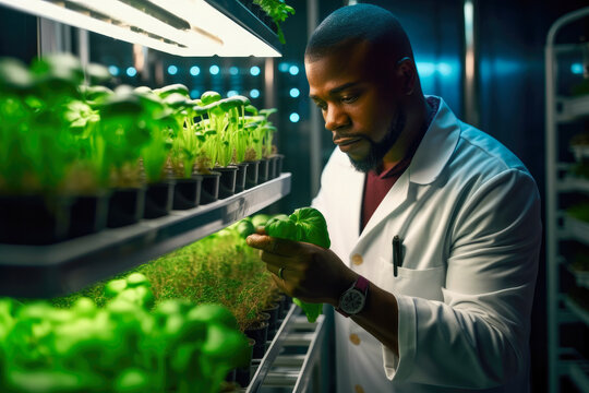 African American Botanist inspecting plants in a lab using genetic engineering and hydroponics, Generative AI