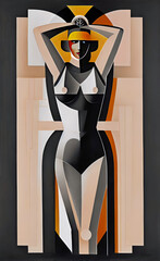 Abstract Art Deco style poster with shapes and the form of a woman in a swimsuit