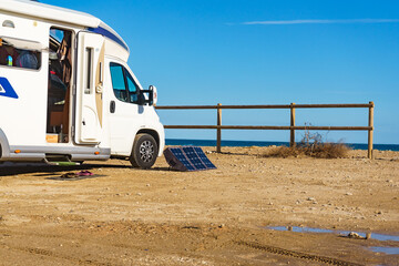 Solar photovoltaic panel at caravan - obrazy, fototapety, plakaty