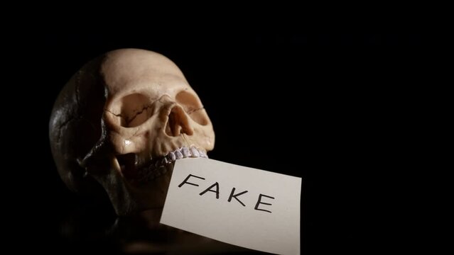 Fake. Fake death. The skull holds a piece of paper with the word fake in it.