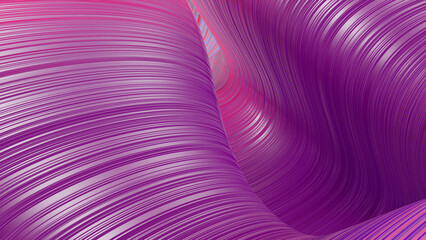 3d render. Shining purple surface, bright colorful background. Beautiful abstract background of waves on surface, color gradients, extruded lines as striped fabric surface with folds or waves