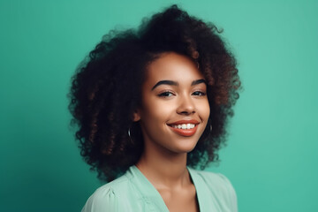 Pretty young afro-american smiling woman posing on the mint green background. Generative AI