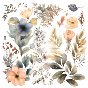 Hand drawn watercolor illustration of flowers. leaves and twigs.