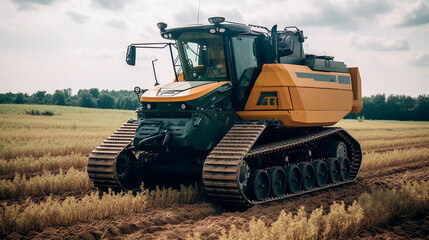 Fototapeta premium Self-driving combine harvester. Software sensor scans the field for obstacles and animals. Lane keeping technology. Generative Ai technology.