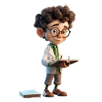 3D Render of Little Boy with book and glasses on white background