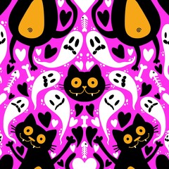 Cartoon animals monsters seamless Halloween cats and ghost pattern for wrapping paper and fabrics and kids clothes