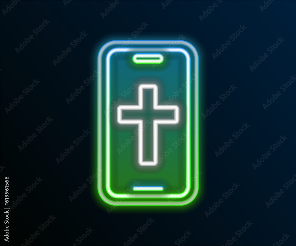 Poster glowing neon line christian cross on mobile phone icon isolated on black background. church cross. c