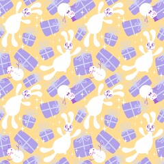 Cartoon animals rabbit seamless Christmas bunnies pattern for wrapping paper and fabrics and accessories