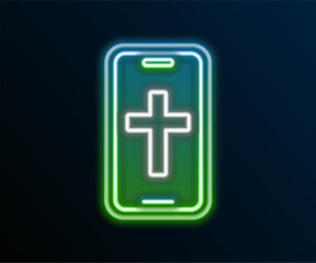 Obraz premium Glowing neon line Christian cross on mobile phone icon isolated on black background. Church cross. Colorful outline concept. Vector