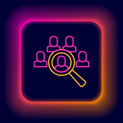 Glowing neon line Magnifying glass for search job icon isolated on black background. Recruitment or selection concept. Search for employees and job. Colorful outline concept. Vector