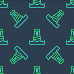 Line Lighthouse icon isolated seamless pattern on blue background. Vector