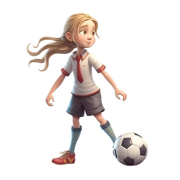 Little girl playing soccer. Cartoon character on a white background. Isolated.