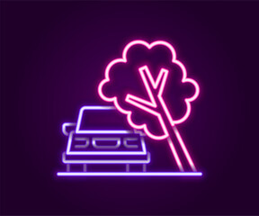 Glowing neon line Car damaged by fallen tree icon isolated on black background. Auto insurance case. Car crash with tree, road accident. Colorful outline concept. Vector