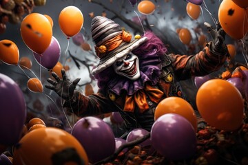 Jester with evil grin luring people with balloons, spooky and scary halloween costume, generated by ai - obrazy, fototapety, plakaty